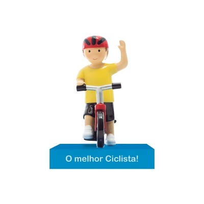Boneco ciclista com capacete vermelho numa bicicleta sobre base azul com texto