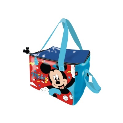 Bolsa térmica azul e vermelha com imagem do Mickey Mouse