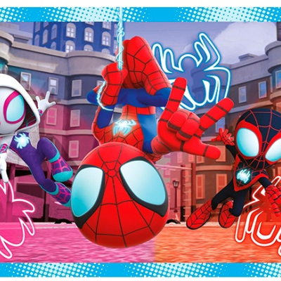 Bonecos do Homem-Aranha em poses dinâmicas com fundo de cidade e luzes neon de aranha
