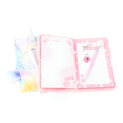 Conjunto de papelaria rosa com caderno, caneta e roupa macia colorida com chifre de unicórnio