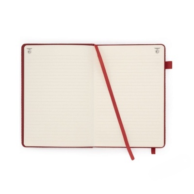 Caderno aberto com capa vermelha e páginas pautadas.