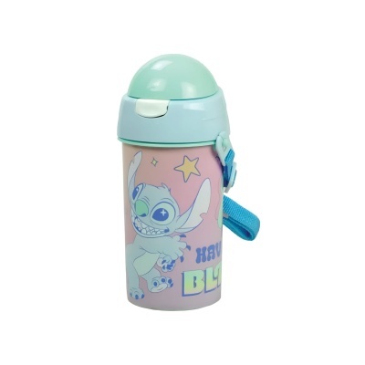 Garrafa infantil rosa com tampa azul claro e desenho do Stitch