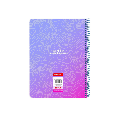 Caderno espiral com capa azul e rosa com padrão branco e texto KPOP DEMON HUNTERS