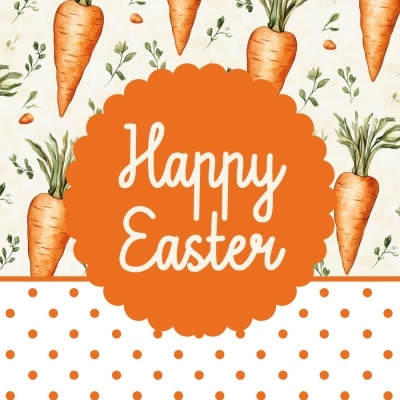 Cartão decorativo de Páscoa com cenouras e texto Happy Easter