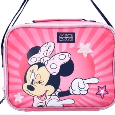 Mala rosa com personagem Minnie Mouse e texto MINNIE MOUSE