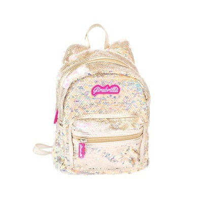 Mochila pequena dourada com lantejoulas e detalhes em rosa Girabrilla