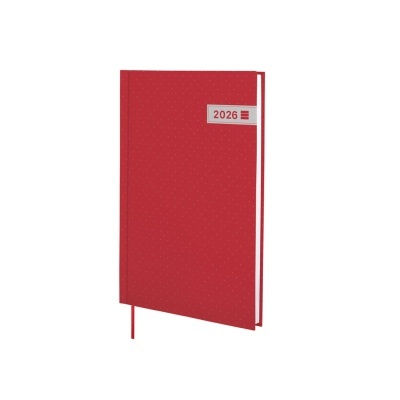 Agenda ou caderno vermelho com etiqueta 2026