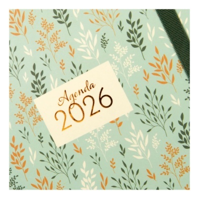 Capa de agenda 2026 com padrão floral e presilha elástica verde