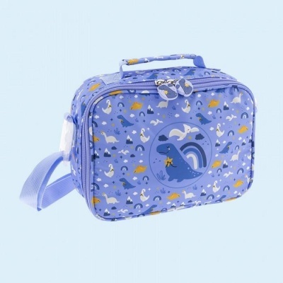 Mala infantil azul com padrão de dinossauros e alça roxa.