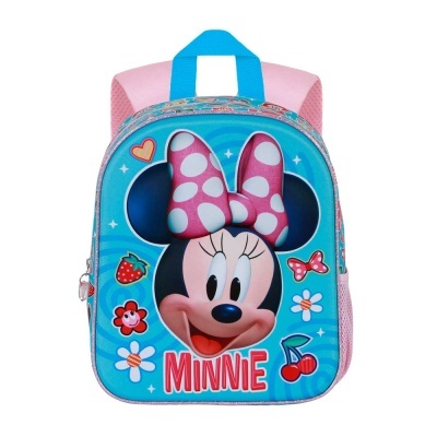 Mochila infantil azul e rosa com imagem da Minnie e decoração colorida