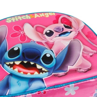 Mochila infantil rosa com personagens Stitch e Angel e texto colorido