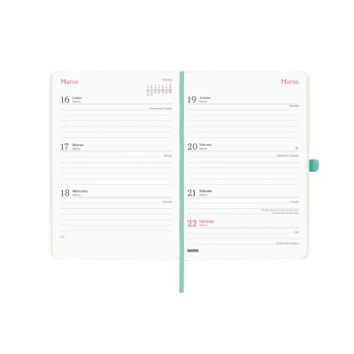 Agenda semanal aberta com páginas para os dias de 16 a 22 de março, fita verde no meio.