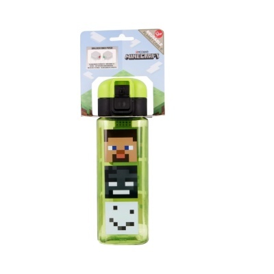 Garrafa de água verde com personagens Minecraft e embalagem azul