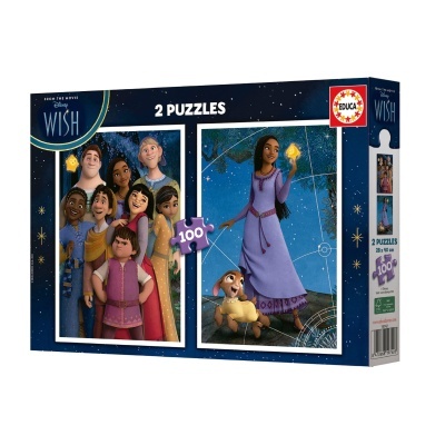 Caixa de puzzle Disney Wish com 2 puzzles de 100 peças e personagens animados
