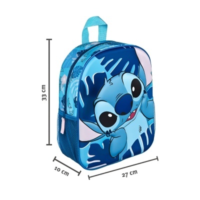 Mochila infantil azul com estampa do personagem Stitch e bolso lateral de rede