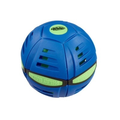 Bola azul de plástico com detalhes verdes e texto PHLAT BALL e Wahu