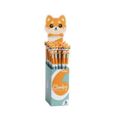 Canetas com tampa de cão laranja na caixa azul Climbly