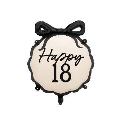 Balão de festa foil creme com borda preta e texto Happy 18