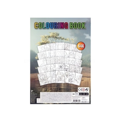 Livro de colorir com desenhos em preto e branco de animais e indicação 64X no canto