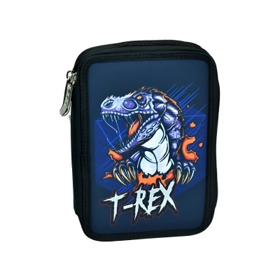 Estojo escolar azul com desenho de dinossauro T-Rex colorido e texto T-REX