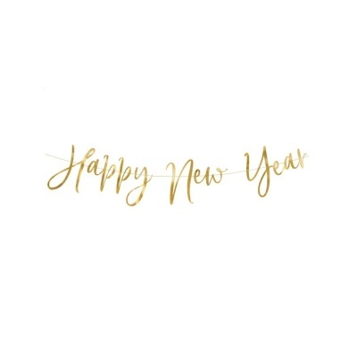 Texto decorativo dourado 'Happy New Year' em fundo branco