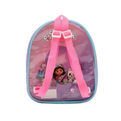 Mochila infantil com alças rosas e imagem de personagens animados