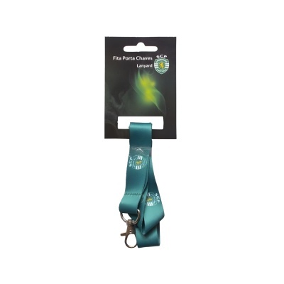 Fita porta chaves lanyard azul esverdeado com logotipo SCP em cartão preto