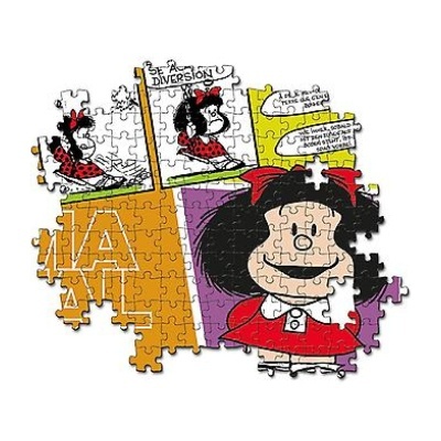 Peça de puzzle com personagem Mafalda e texto em várias cores