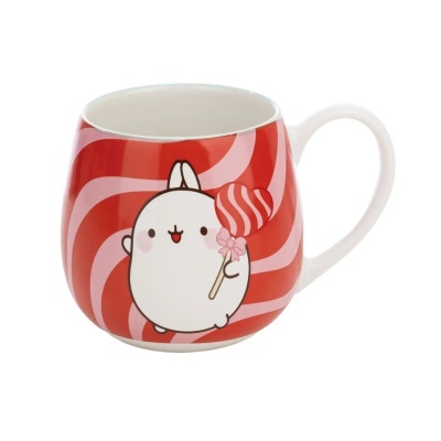 Caneca de cerâmica vermelha com personagem branco e pirulito em forma de coração.