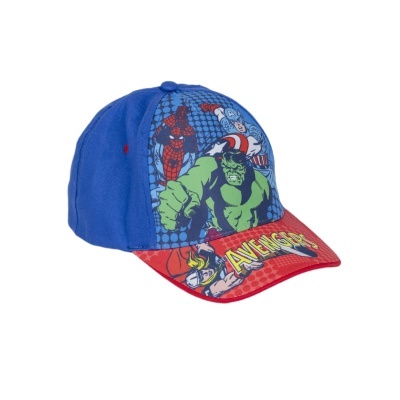 Boné azul e vermelho com estampa dos personagens da Marvel Avengers