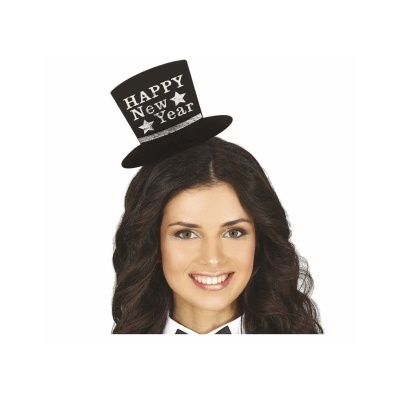 Chapéu preto em miniatura com texto 'HAPPY New Year'