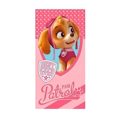 Toalha rosa com personagem canino da PAW Patrol, estrelas brancas, texto BEST PUPS EVER