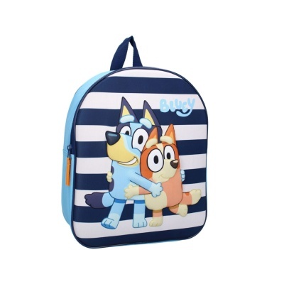 Mochila infantil azul com riscas e ilustração de cães animados