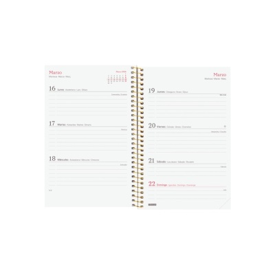 Agenda aberta mostrando os dias 16 a 22 de Março com texto em preto e vermelho