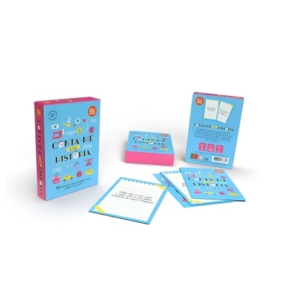 Jogo de cartas 'Conta-me uma História' com caixa azul e rosa e cartas ilustradas