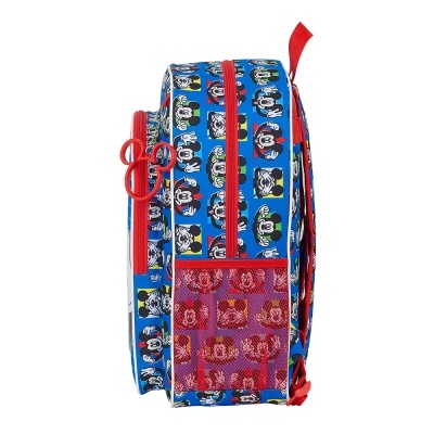 Mochila azul com padrão de personagens Disney, fechos vermelhos iluminados e bolsos de rede vermelha