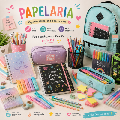 Conjunto colorido de papelaria para escola com mochila, cadernos, estojos e vários materiais de escrita e organização