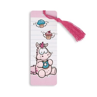 Marcador de livros rosa com unicórnio e bolos coloridos
