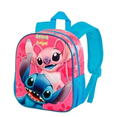 Mochila infantil rosa e azul com personagens Stitch e Angel e flores