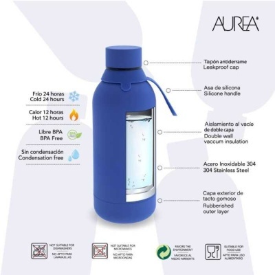 Garrafa térmica azul com tampa e asa de silicone, mostrando características técnicas