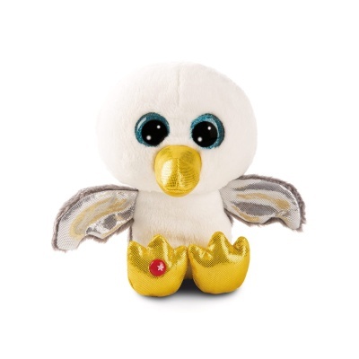 Pelúcia de pássaro branco com bico e patas douradas e asas cinzentas