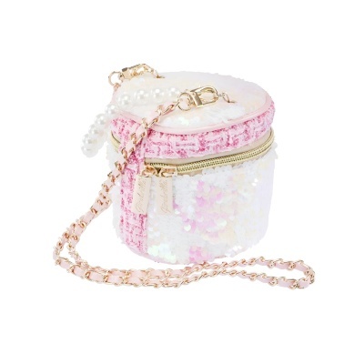 Bolsa pequena redonda rosa com lantejoulas e alça de corrente dourada