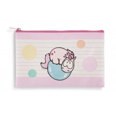 Estojo rosa com estampa de unicórnio e círculos coloridos