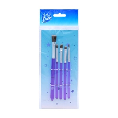 Conjunto de 5 pincéis de maquilhagem com cabo roxo em embalagem de plástico azul e transparente.