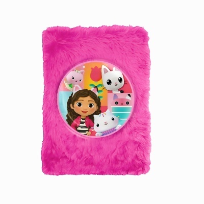 Caderno rosa felpudo com ilustração circular de rapariga e gatos