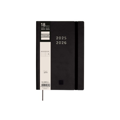Agenda Finocam 2025 2026 capa preta com fecho elástico e rótulo branco