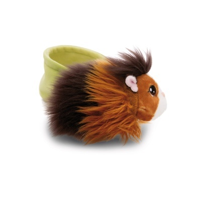 Pantufa infantil de tecido felpudo castanho e amarelo com formato de animal