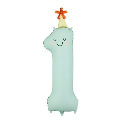 Balão número 1 azul claro com rosto sorridente e chapéu de festa amarelo com laço laranja