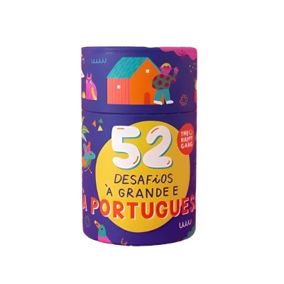 Embalagem cilíndrica roxa com texto e ilustrações coloridas
