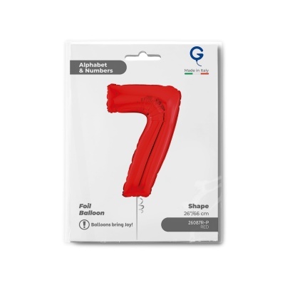 Balão em forma número 7 vermelho em embalagem branca